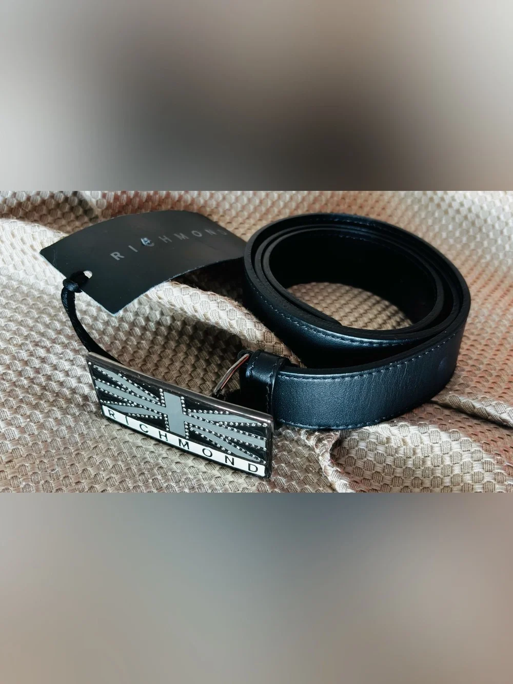 NWT- Richmond Black Leather Belt with Studded Union Jack Buckle